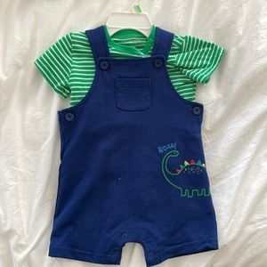Little Me green and blue overall set